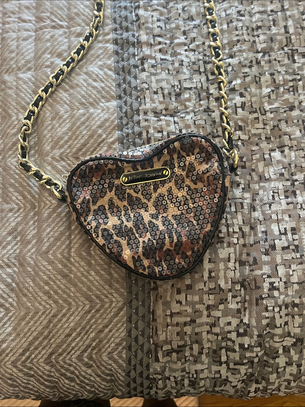 Betsey Johnson Leopard Sequin Heart Crossbody in Brown and Black with Gold Chain